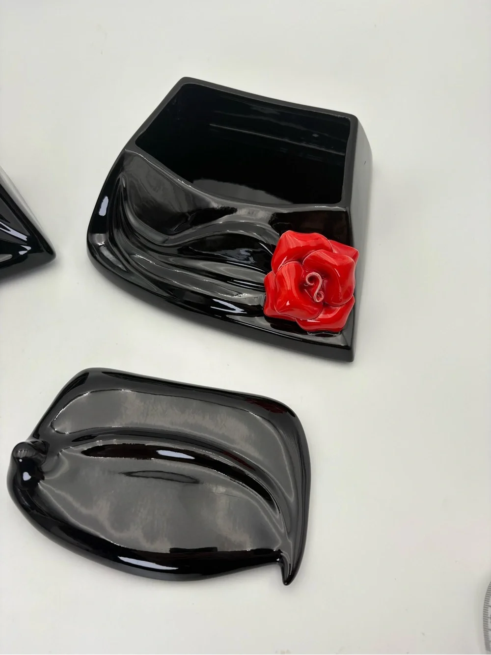 Art Deco Style Black Ceramic and Red Rose Lidded Box and Open Container
